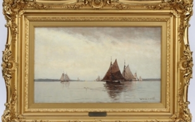 WILLIAM WILSON COWELL AMERICAN 1849 1910 OIL ON CANVAS SEASCAPE WITH SAILBOATS 12 20