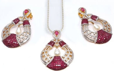 14 K Yellow Gold Diamond, Ruby & Pearl Earrings-Pendant
