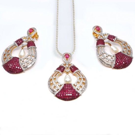 14 K Yellow Gold Diamond, Ruby & Pearl Earrings-Pendant