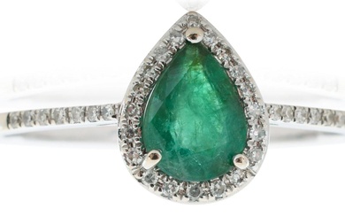 14K WHITE GOLD, EMERALD AND DIAMOND HALO RING