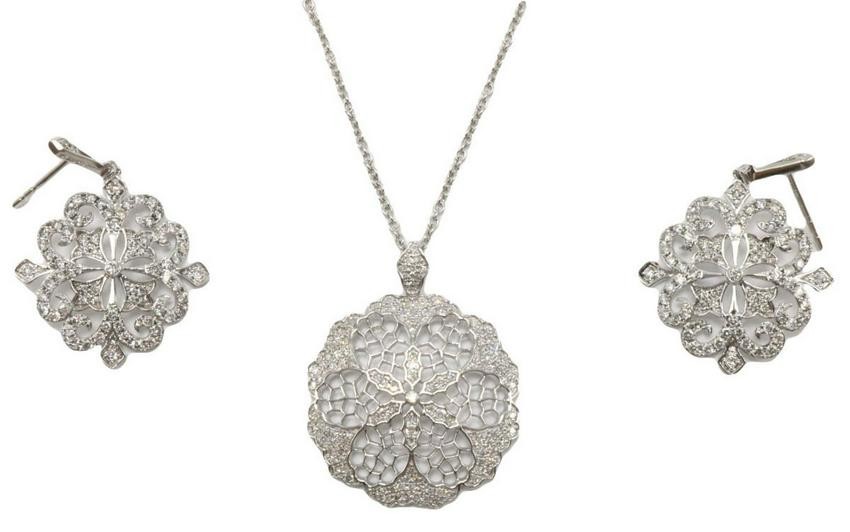 14Kt White Gold Diamond Necklace & Earrings Suite