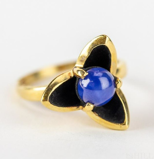 14k Gold Blue Star Sapphire Floral Modernist Ring