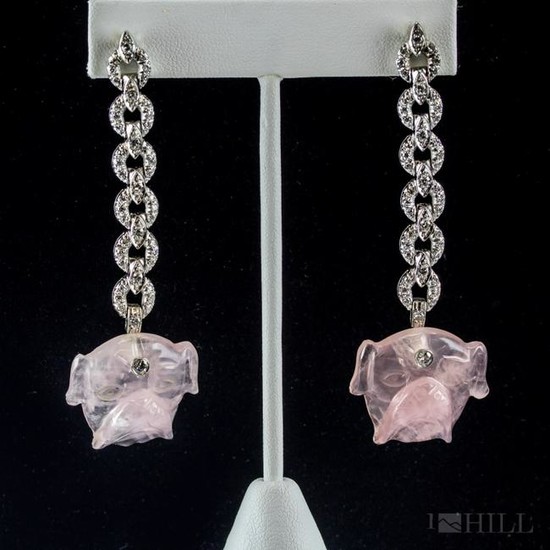 14k White Gold Diamond & Pink Rose Quartz Earrings