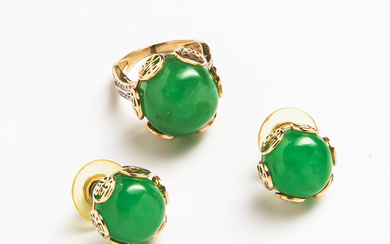 14kt Gold and Dyed Jade Earrings and Ring