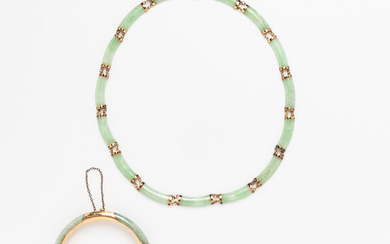 14kt Gold and Jade Hinged Bangle and Necklace