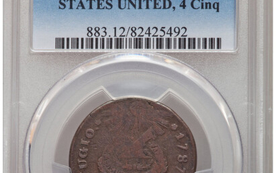 1787 Fugio Cent, STATES UNITED, 4 Cinquefoils, Pointed Rays, MS, BN