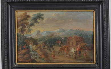17th century Flemish school old master painting. Mountainous village landscape with figures and