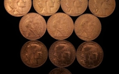11 pièces en or de 20 FF Coq 1907 - 2 x…
