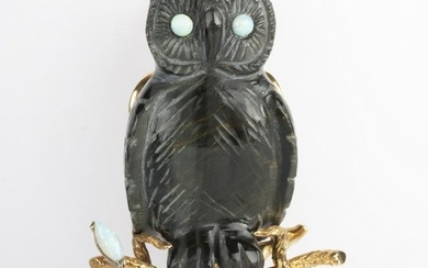 14k Gold, Opal and Black Stone Owl Pin