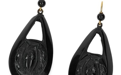 ANTIQUE WHITBY JET EARRINGS, 19TH CENTURY carved to