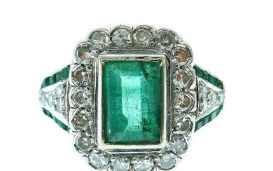 Art Deco 10k White Gold Russian Emerald Diamond Ring
