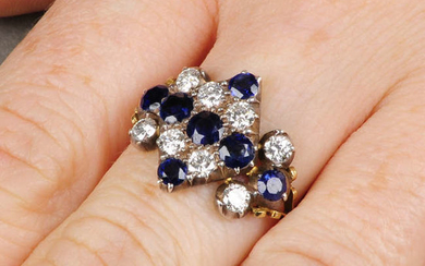 A composite mid Victorian silver and 18ct gold sapphire and diamond ring.