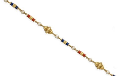 A coral, lapis lazuli, cultured pearl and 18k gold necklace