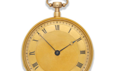 French. A good continental gold open face key wind musical quarter repeating pocket watch