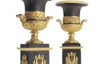 A PAIR OF FRENCH ORMOLU AND PATINATED-BRONZE URNS, LATE 19TH CENTURY