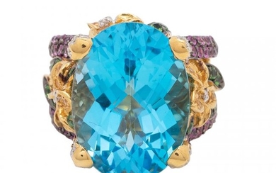 Gold, Blue Topaz and Diamond Ring