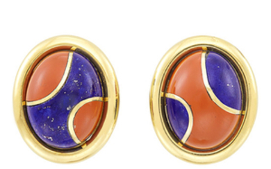 Pair of Gold, Lapis and Jasper Earclips, Tiffany & Co.