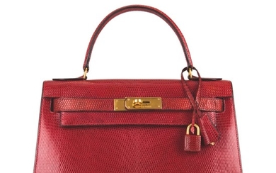 Hermès Rouge Vif Sellier Kelly 28cm of Niloticus Lizard with Gold Hardware
