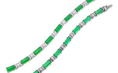 A pair of jadeite jade and diamond bracelets,, Marsh & Co.