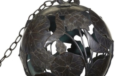 A Japanese bronze spherical "Lotus" lantern The body cast...
