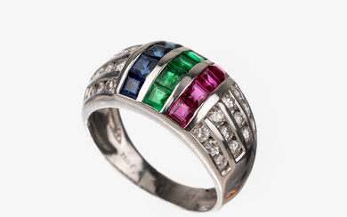 18 kt gold brilliant-coloured stone-ring , WG 750/000, 24 brilliants...