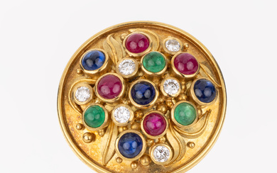 18 kt gold coloured stone-brilliant-brooch ,YG 750/000, round with applied...