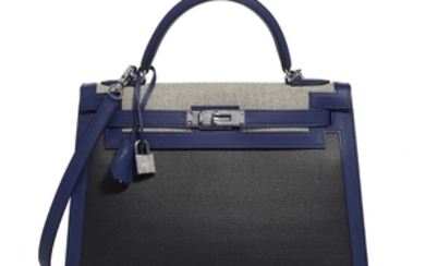 A LIMITED EDITION BLEU SAPHIR SWIFT LEATHER & TOILE BERLINE SELLIER KELLY 32 WITH PALLADIUM HARDWARE, HERMÈS, 2018
