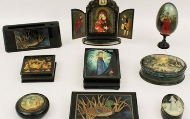 MISC. LOT OF 9 RUSSIAN LACQUERED OBJECTS