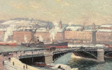 Narcisse GUILBERT 1878 - 1942 Pont Boieldieu, neige au soleil couchant