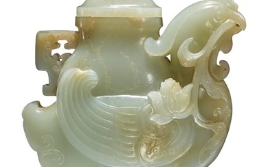 A PALE CELADON JADE 'COCKEREL' VASE AND COVER QING DYNASTY, 18TH CENTURY