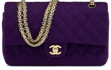 A PURPLE JERSEY MEDIUM DOUBLE FLAP BAG WITH GOLD HARDWARE, CHANEL, 2000-2002