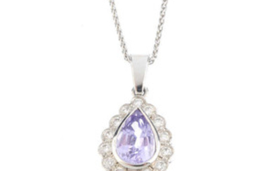 A sapphire and diamond cluster pendant, with chain. View more details