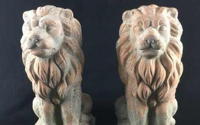 Vintage Cast Clay Lion Garden Statues