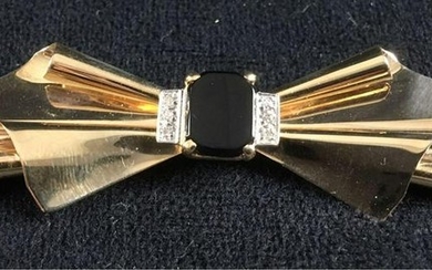 Vintage Gold Toned Bow Brooch With Onyx Stone