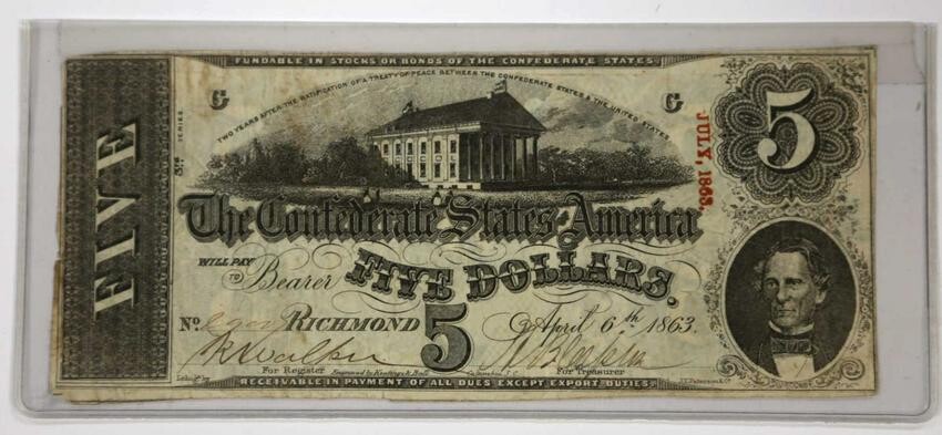 1863 RICHMOND CONFEDERATE $5 PAPER NOTE