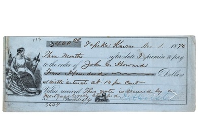 1870 GEORGE ARMSTRONG CUSTER Signed Kansas Document, Promissory Note - One of Only Two Known !