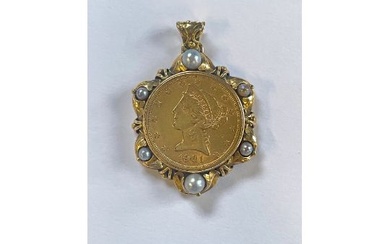 18K Gold Pendant with Gold Coin $ 5 Liberty Head 1901
