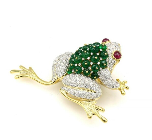 18K Yellow Gold Diamond Emerald and Ruby Frog Brooch
