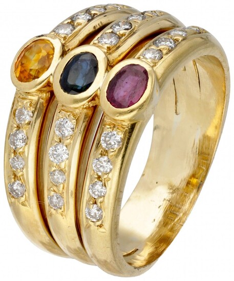 18K. Yellow gold ring set with approx. 0.24 ct. diamond, sapphire, ruby and citrine.
