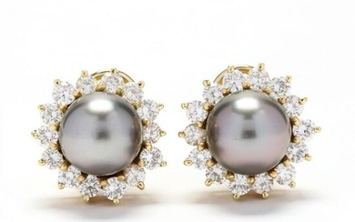 18KT Gold, Tahitian Pearl, and Diamond Earrings