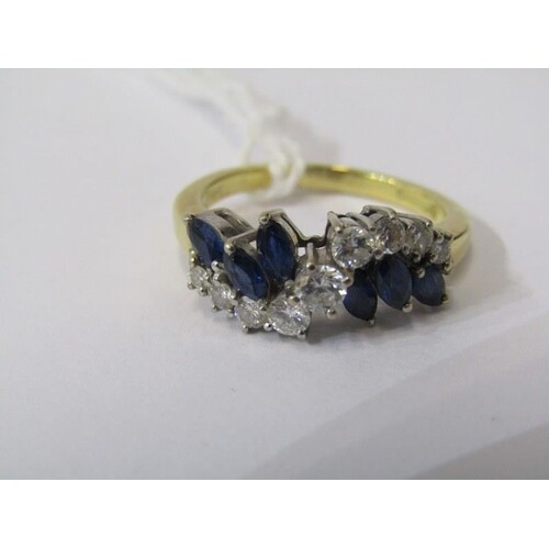 18ct YELLOW GOLD SAPPHIRE & DIAMOND RING, unusual bypass des...