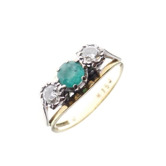 18ct gold, emerald and diamond three stone ring, with...