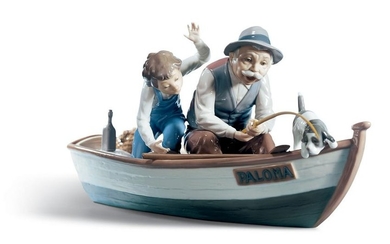 Large Lladro Figure Fishing With Gramps With Wooden