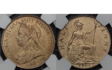1901 Half Penny, NGC MS64RB, Victoria veiled head. Obverse w...