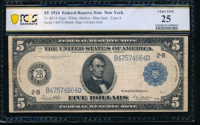 1914 $5 New York FRN PCGS 25