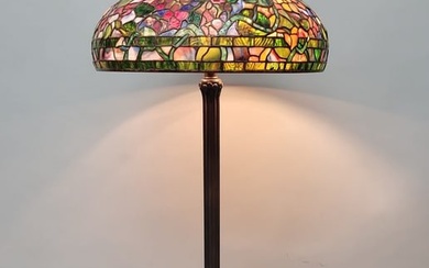 1970's Tiffany Studios Bronze Reproduction Floor Lamp with large 22" leaded glass shade. This is a