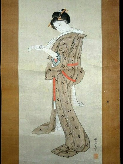 19C Japanese Painting Scroll Woman School Hokusai (StP)