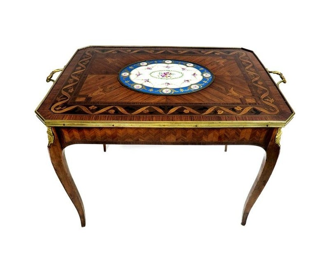 19th C. French Bronze Mounted Marquetry & Sevres Table