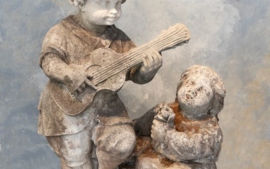 19th Century Carved Limestone Statue of Children