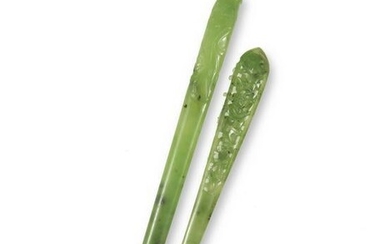 2 Chinese Spinach Jade Hair Pins, 18-19th Century